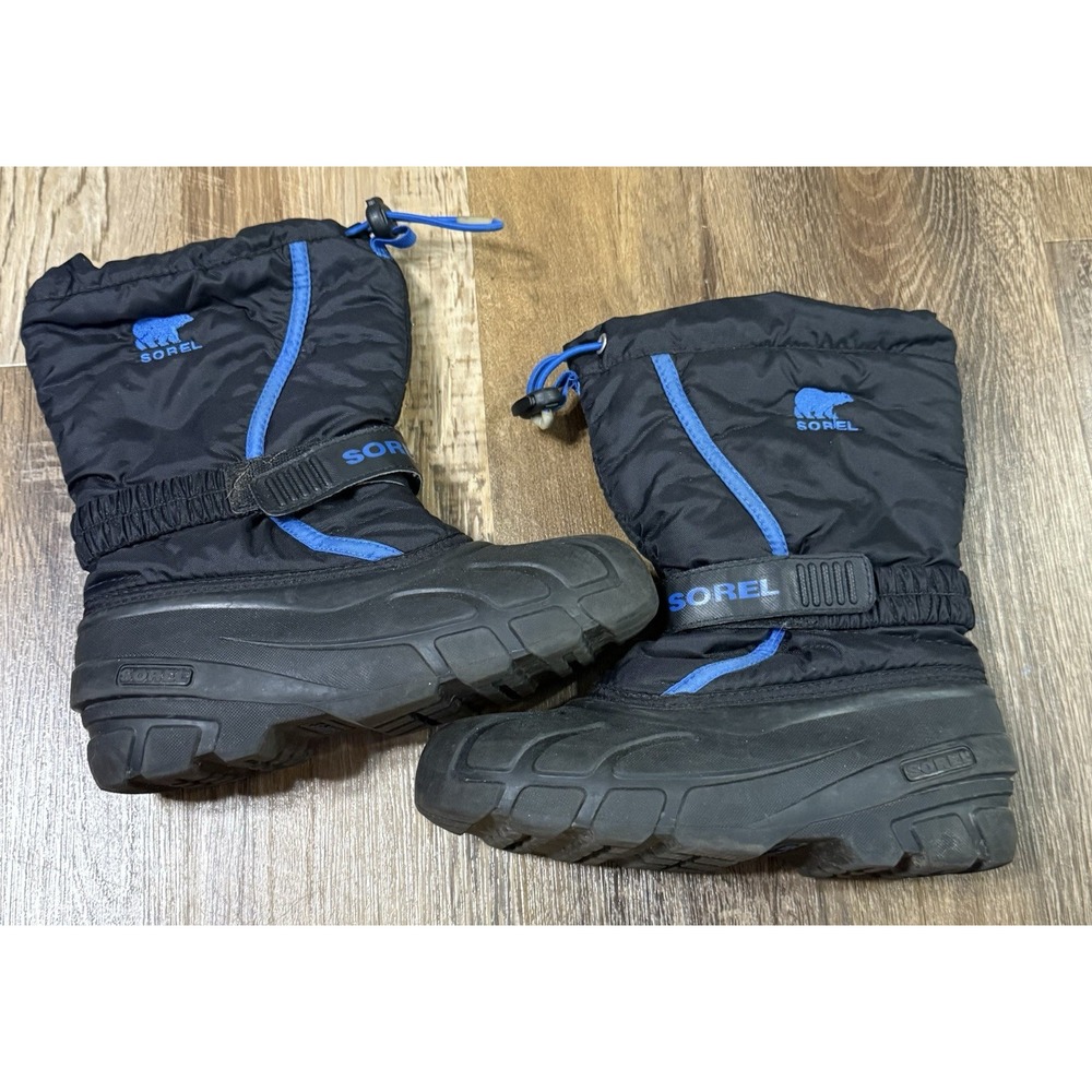 Sorel Boys Youth Flurry Black Blue Lined Winter Boots Boys Sz 3 Waterproof